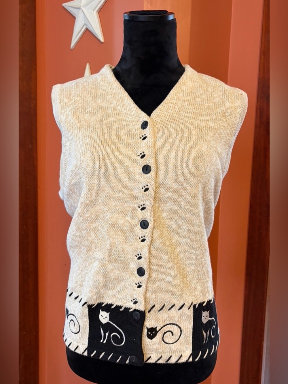 NWT-Vintage Christopher & Banks Cream V-Neck Cat-Accent Button Sweater Vest